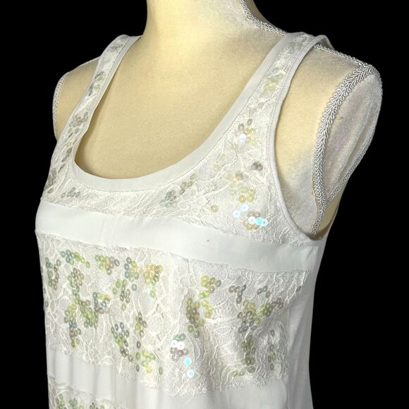 EXPRESS Women’s Tank Top Ivory Size SP Lace Sequins Striped Sleeveless Summer - Picture 8 of 13